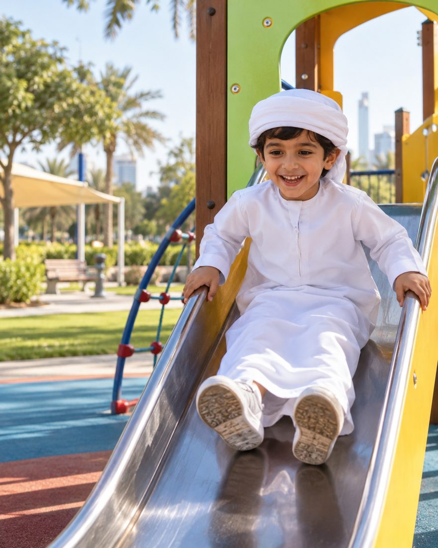 A smiling child coming down a slide in a park